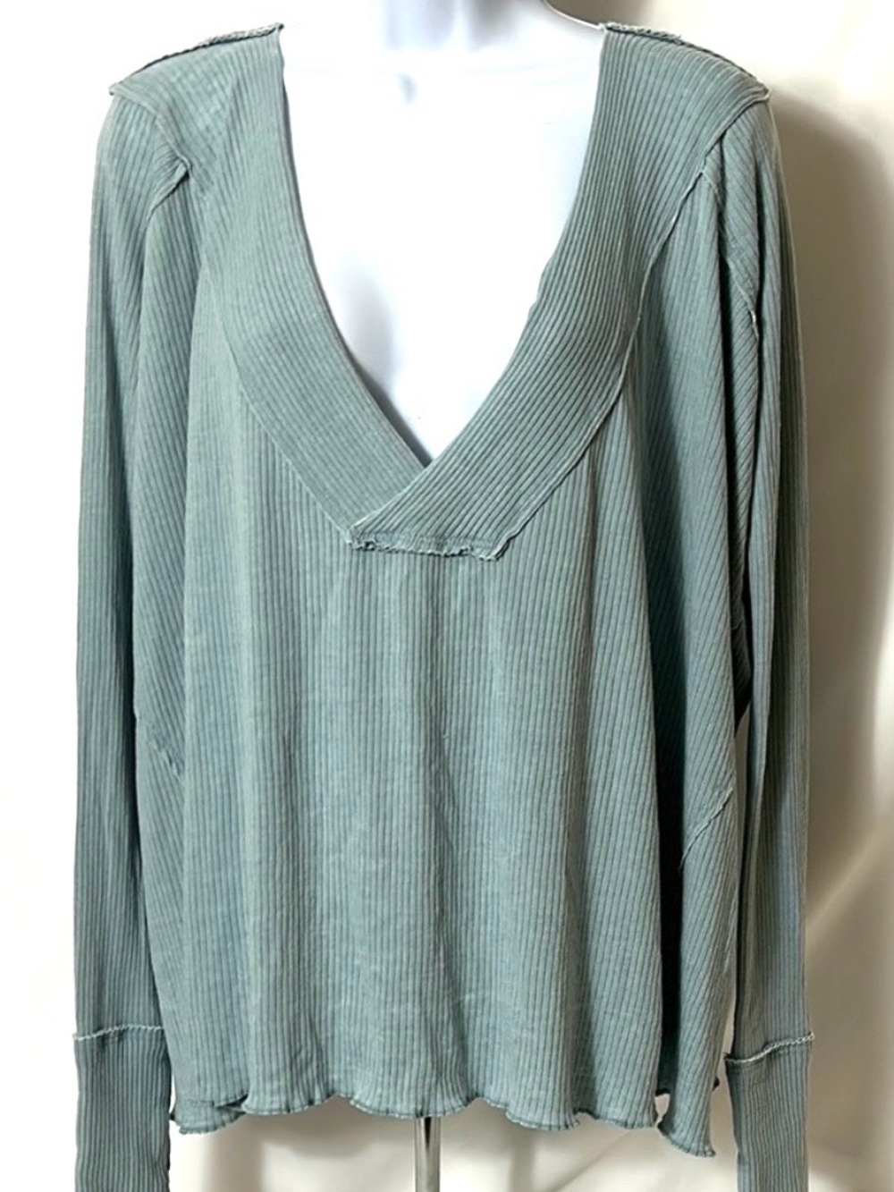 We The Free Women's Medium Ribbed Plunging V-Neck Oversized Baby Blue Top